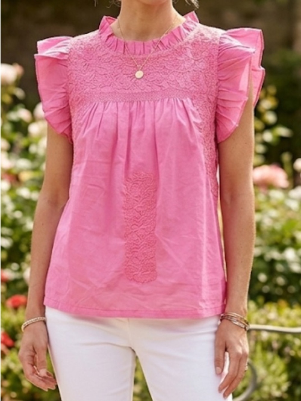 Women's Pink Embroidered Ruffle Sleeve Top